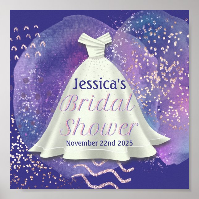 Póster Boda Bridal Shower Gown Purple & Rosa Gold Glam (Frente)