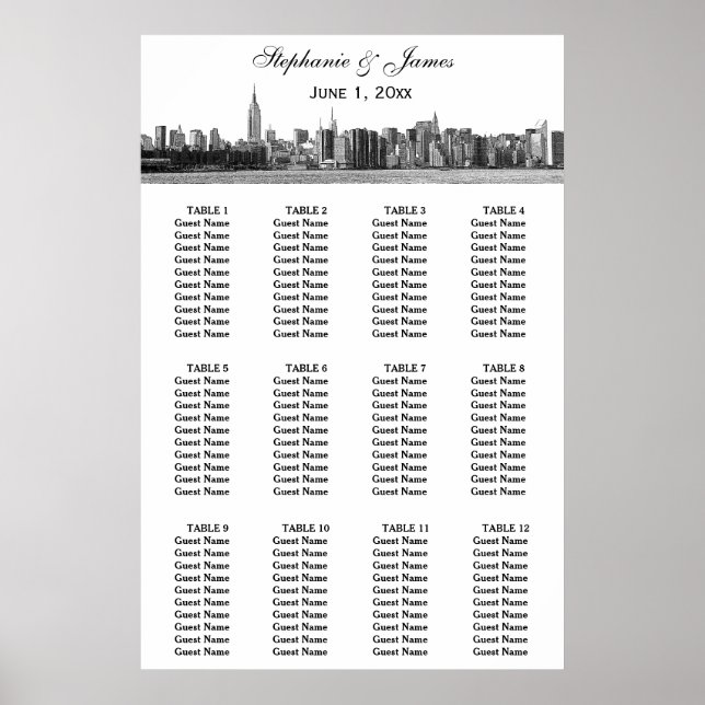 Póster Boda BW de NYC Wide Skyline Etched (Frente)