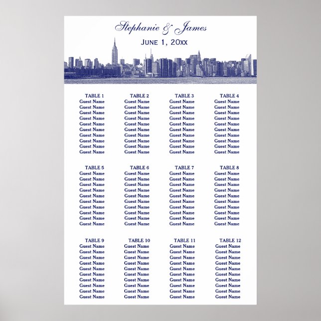 Póster Boda BW de NYC Wide Skyline Etched (Frente)