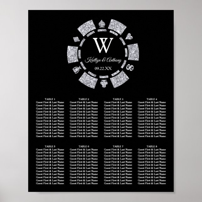 Póster Boda Casino Ficha de Poker Brillo de Plata (Frente)
