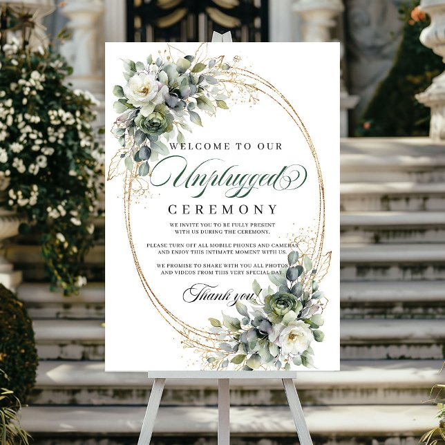 Póster Boda Ceremonia Desconectada Acuarela Verde Oro   (Green Gold Watercolor Unplugged Ceremony Wedding Poster)