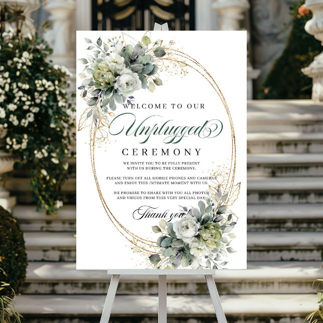 Póster Boda Ceremonia Desconectada Botánica Verde Blanco  (Green White Botanical Unplugged Ceremony Wedding Poster)