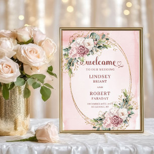 Póster Boda Chic Bienvenida Polvo Rosa Floral Oro