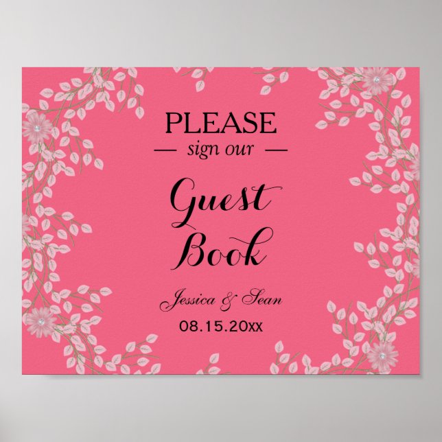 Póster Boda Chic Rosa Floral y Perlas (Frente)