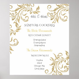 Póster Boda, cócteles de señalización, Purpurina de oro f