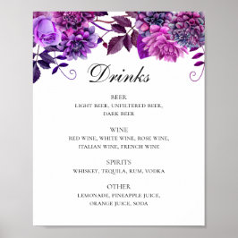 Póster Boda color de agua morado floral de bebidas menú