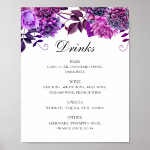 Póster Boda color de agua morado floral  de bebidas menú 