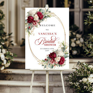 Póster Boda con borde floral dorado y blanco de Borgoña