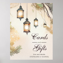Póster Boda con farol rústico marrón, verde y crema