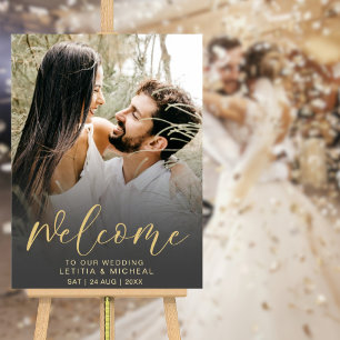 Póster Boda con foto en caligrafía negra y dorada elegant