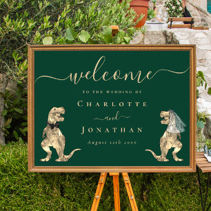 Póster Boda con tema de dinosaurios Bienvenidos Verde osc