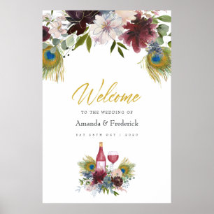 Póster Boda con tema de vino Burgundy y Navy Peacock