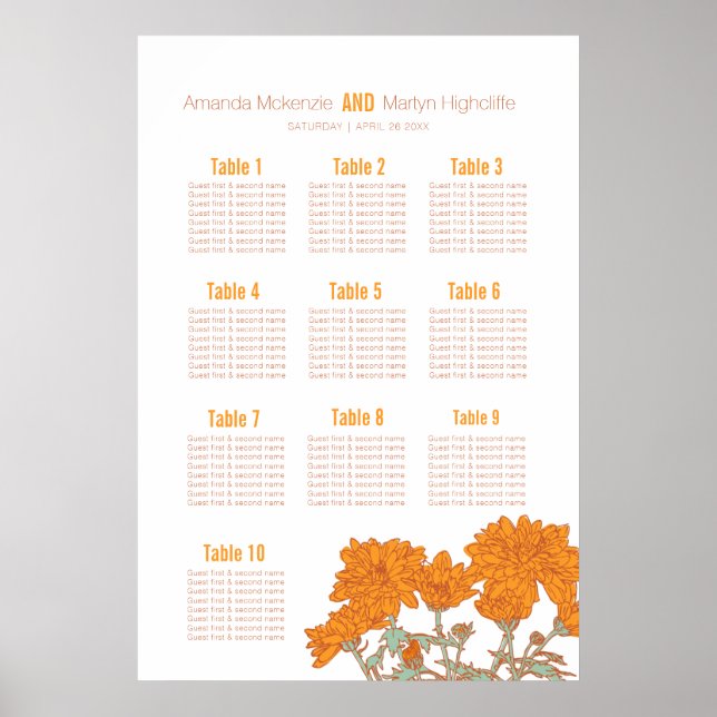 Póster Boda crisantemo naranja flor plan de mesa (Frente)