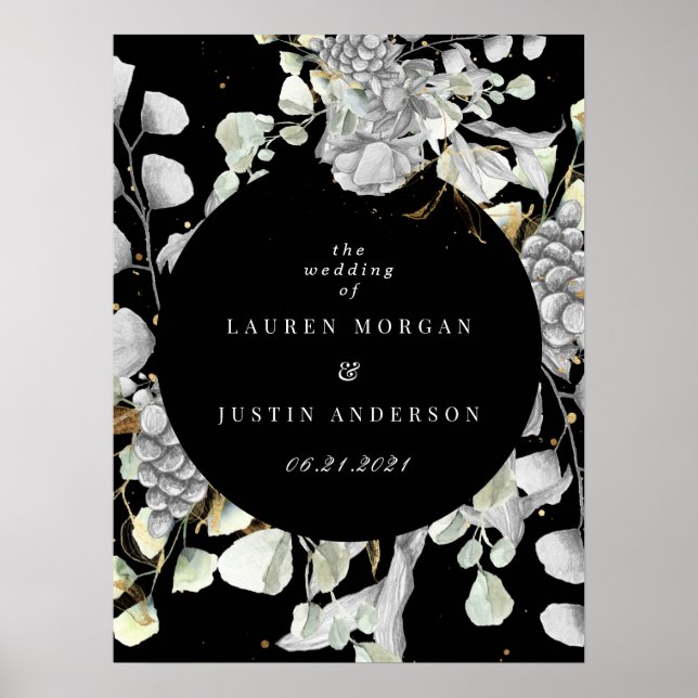 Póster boda cuadrado floral de oro plateado dramático (Frente)