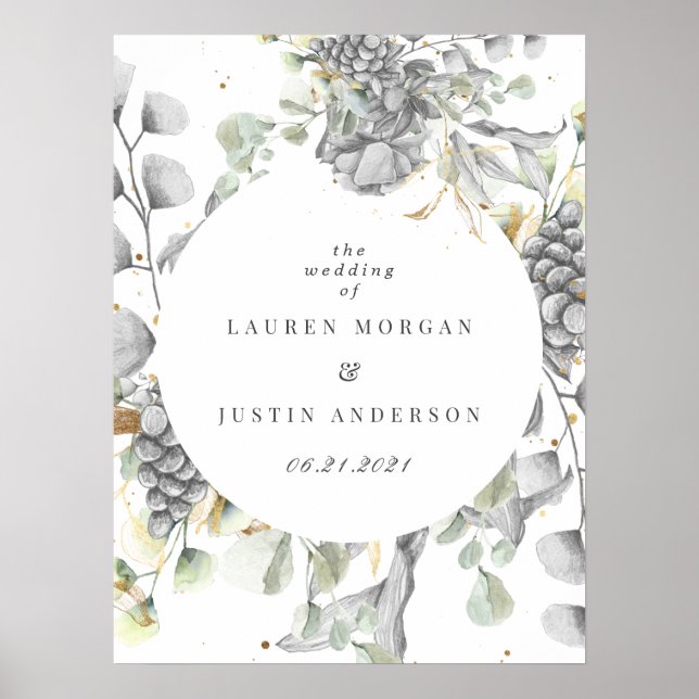 Póster boda cuadrado floral de oro plateado dramático (Frente)