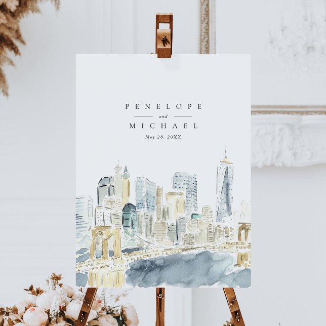 Póster Boda de Acuarela del Horizonte de la Ciudad de Nue (Watercolor New York City skyline wedding welcome sign.)