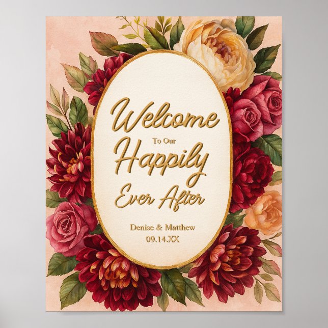 Póster Boda de acuarela floral de Rubor Burgundy (Frente)