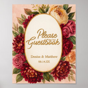 Póster Boda de acuarela floral de Rubor Burgundy