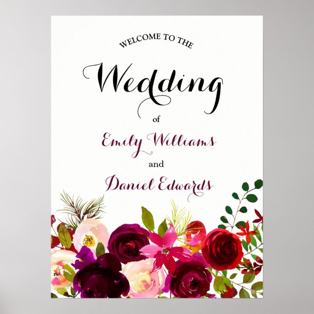 Póster Boda de acuarela floral del Boho rojo de Borgoña (Frente)