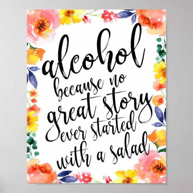 Póster Boda de acuarela floral Rótulo de alcohol 8x10 (Frente)