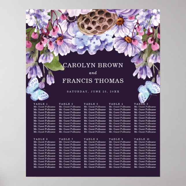 Póster Boda de acuarela morada floral | Cartas de asiento (Frente)