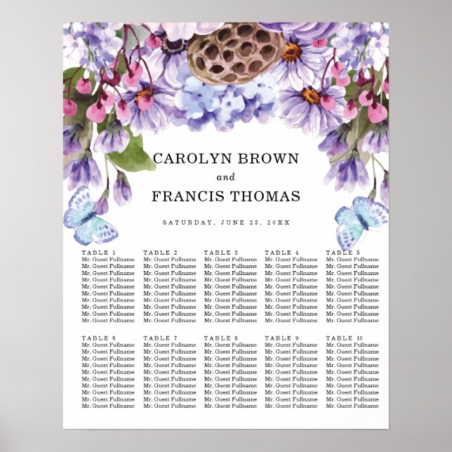 Póster Boda de acuarela morada floral | Cartas de asiento (Frente)