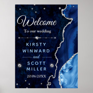 Póster Boda de ágata y mármol azul marino y brillo platea