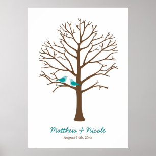 Póster Boda de árbol de huellas dactilares de aves marron