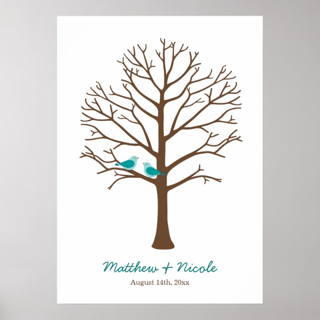 Póster Boda de árbol de huellas dactilares de aves marron (Frente)
