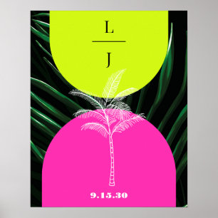 Póster Boda de árbol de palmas tropicales monograma