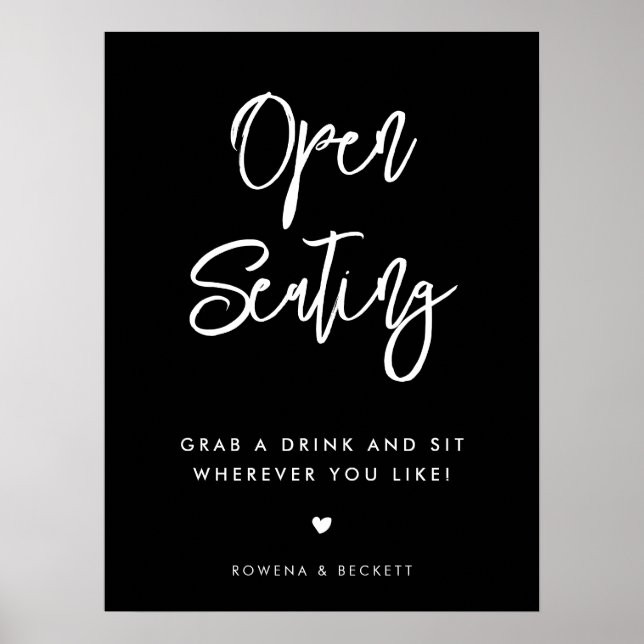 Póster Boda de asiento abierto negro contemporáneo (Frente)