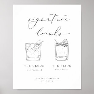 Póster Boda de bebidas con firma gris minimalista