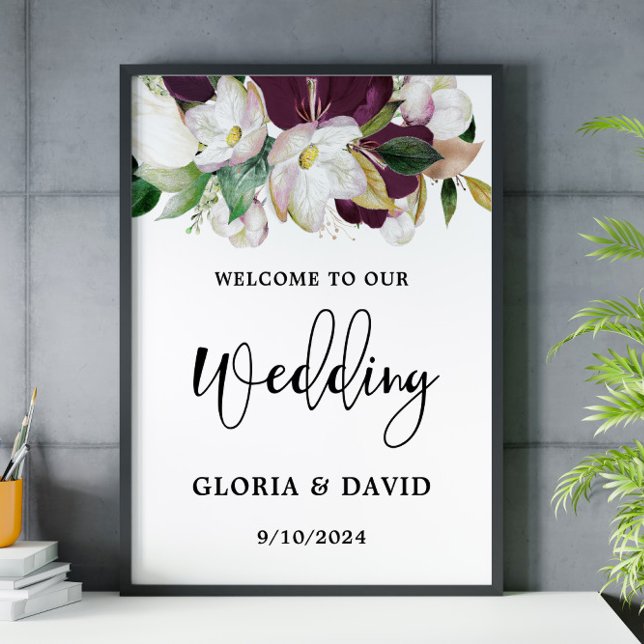 Póster Boda de bienvenida acuarela de Borgoña Floral (Subido por el creador)