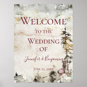 Póster Boda de bienvenida Alpine Mountain Stag Burgundy