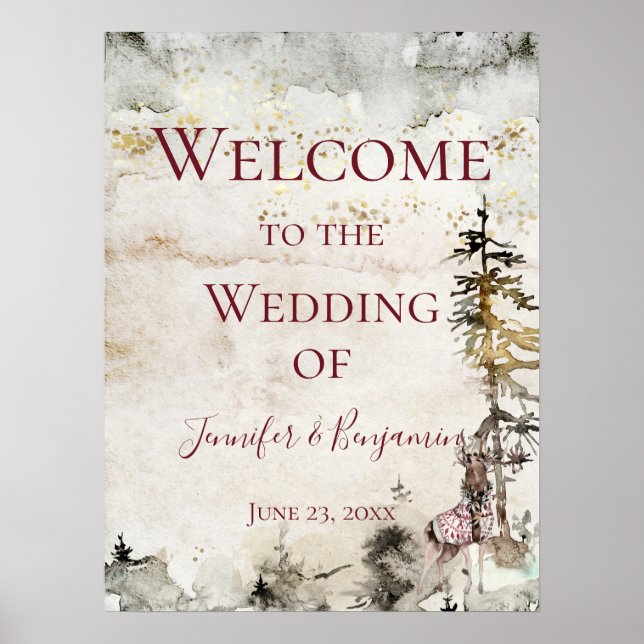 Póster Boda de bienvenida Alpine Mountain Stag Burgundy | (Frente)