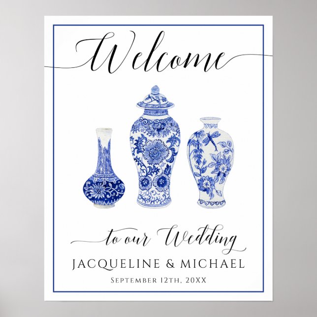 Póster Boda de bienvenida Blue White Ginger Jar Chinoiser (Frente)