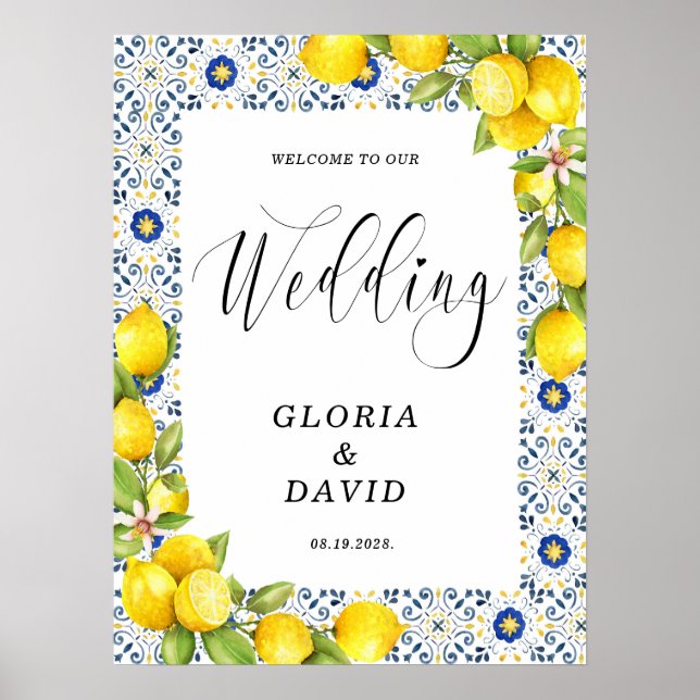 Póster Boda de bienvenida con azulejos azules de limón (Frente)