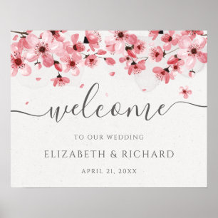 Póster Boda de bienvenida con flores de cerezo en acuarel