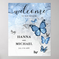 Boda de bienvenida con mariposa azul de plata y be