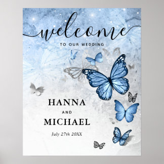 Póster Boda de bienvenida con mariposa azul de plata y be