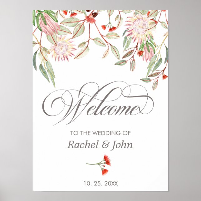 Póster Boda de bienvenida de caligrafía gris floral austr (Frente)