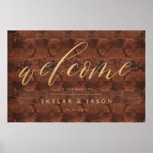 Póster Boda de bienvenida de caligrafía Rustic Wood & Gol