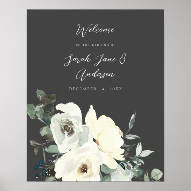 Póster Boda de bienvenida Duste Blue & White Floral - Gri (Frente)