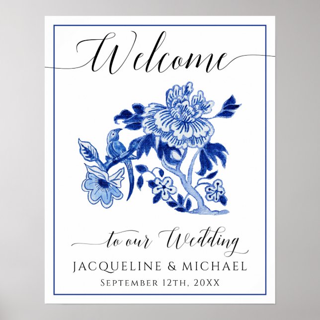 Póster Boda de bienvenida Floral Blue White Bird Chinoise (Frente)