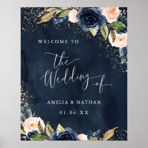 Póster Boda de bienvenida floral con brillo de la Marina