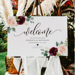 Póster Boda de bienvenida floral de Borgoña Rótulo Poster