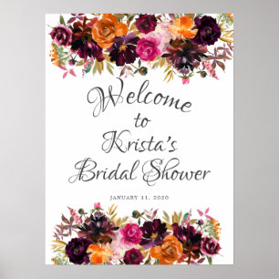 Póster Boda de bienvenida floral de Borgoña y Naranja