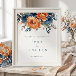 Póster Boda de bienvenida floral naranja quemada marina i