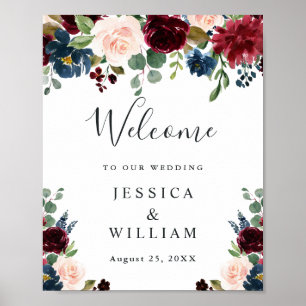 Póster Boda de bienvenida floral rosa y azul marino de Bo