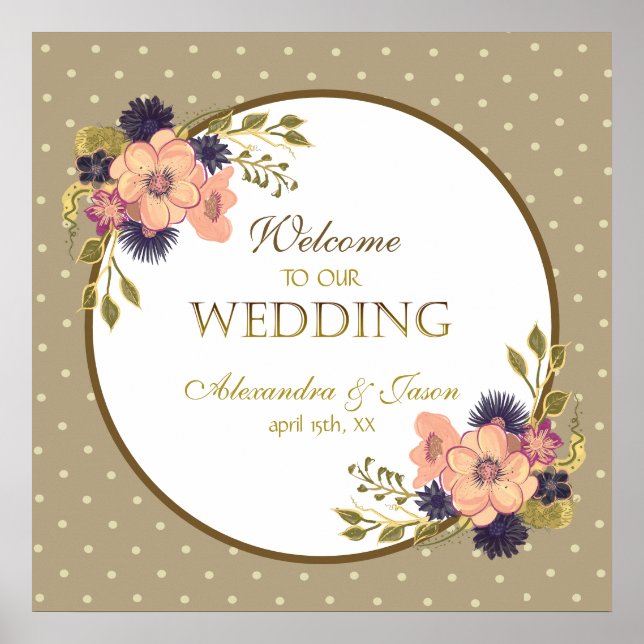 Póster Boda de bienvenida floral rústica rosa y dorada (Frente)